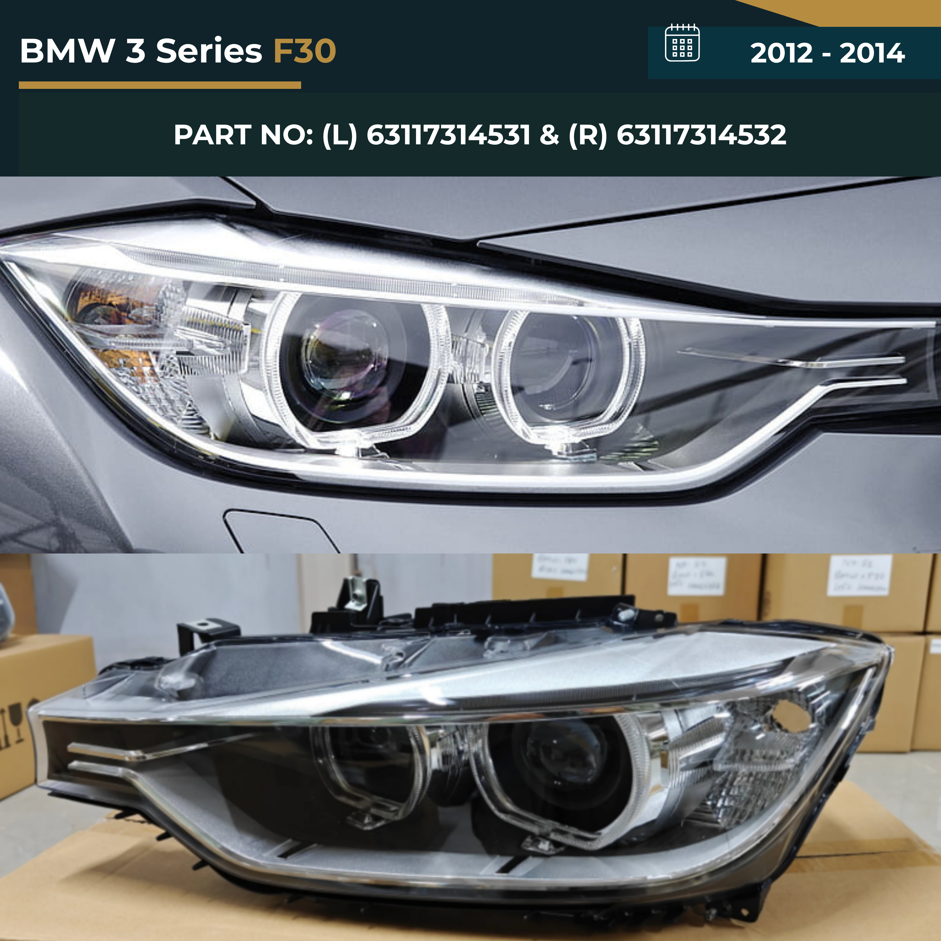 63117314531 & 63117314532 BMW 3 Series F30 (2012-2014) Headlight Assembly Non HID Premium Replacement