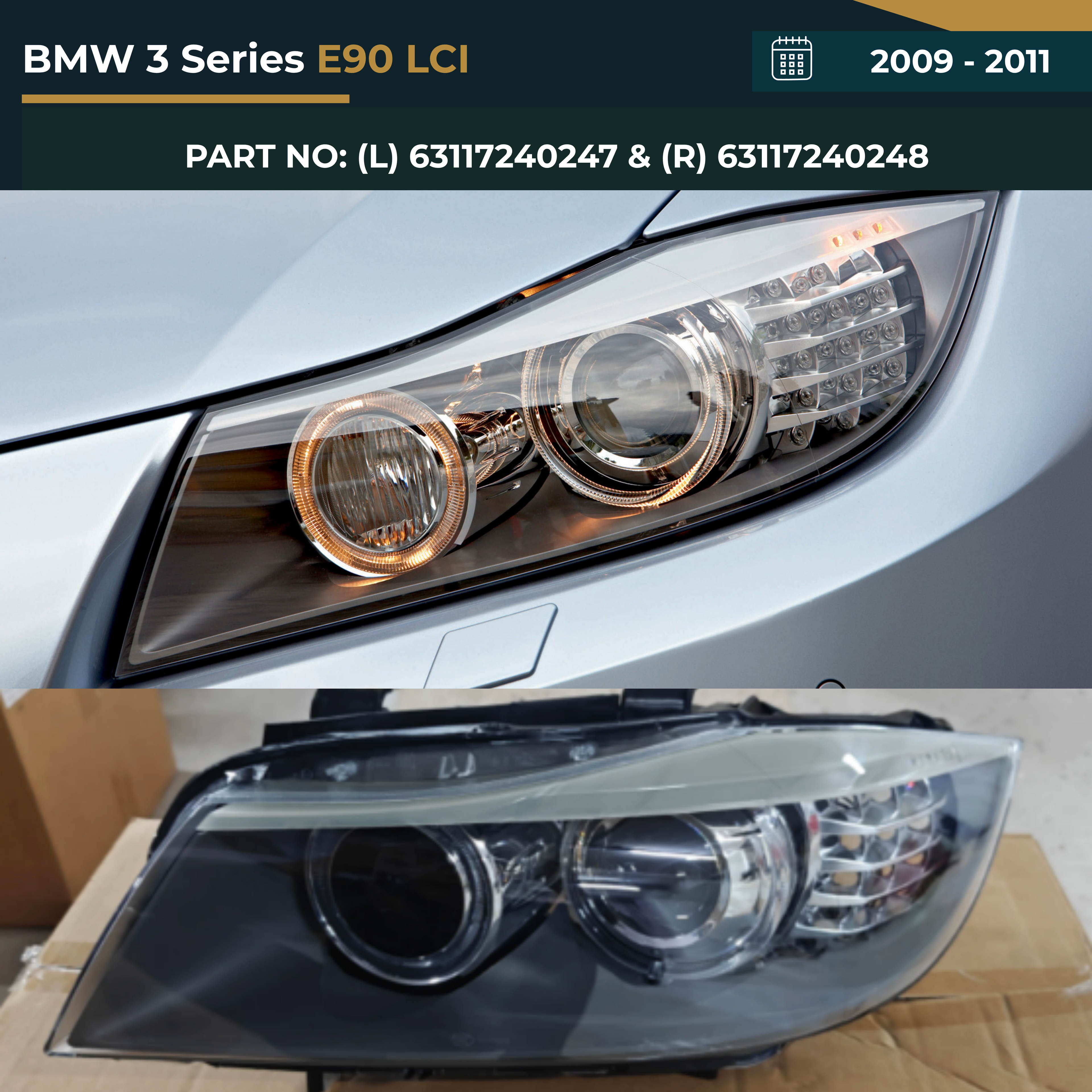 63117240247 & 63117240248 BMW 3 Series E90 LCI (2009-2011) HID Headlight Assembly Premium Replacement
