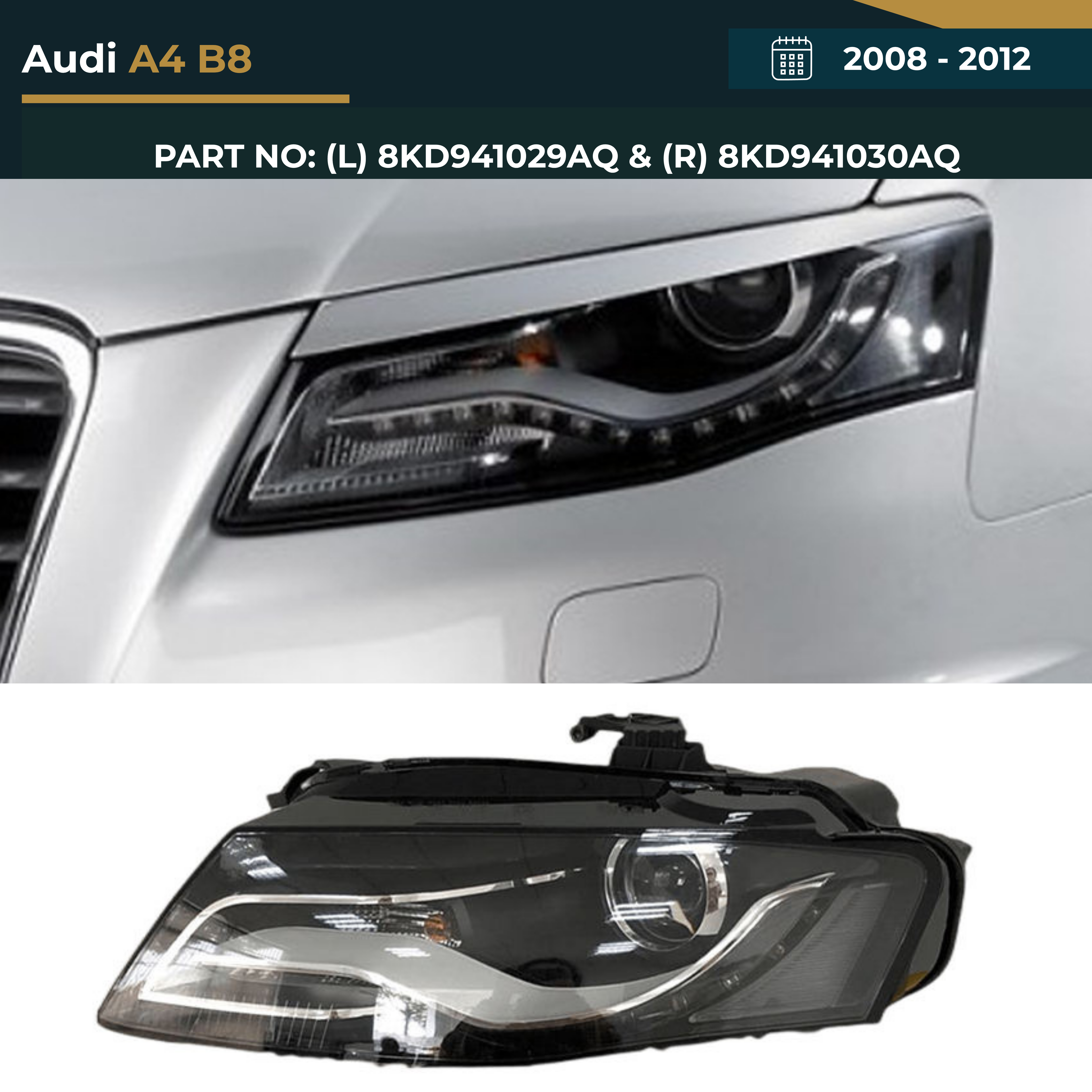 8KD941029AQ & 8KD941030AQ Audi A4 B8 (2008-2012) Headlight – OEM Fit Replacement