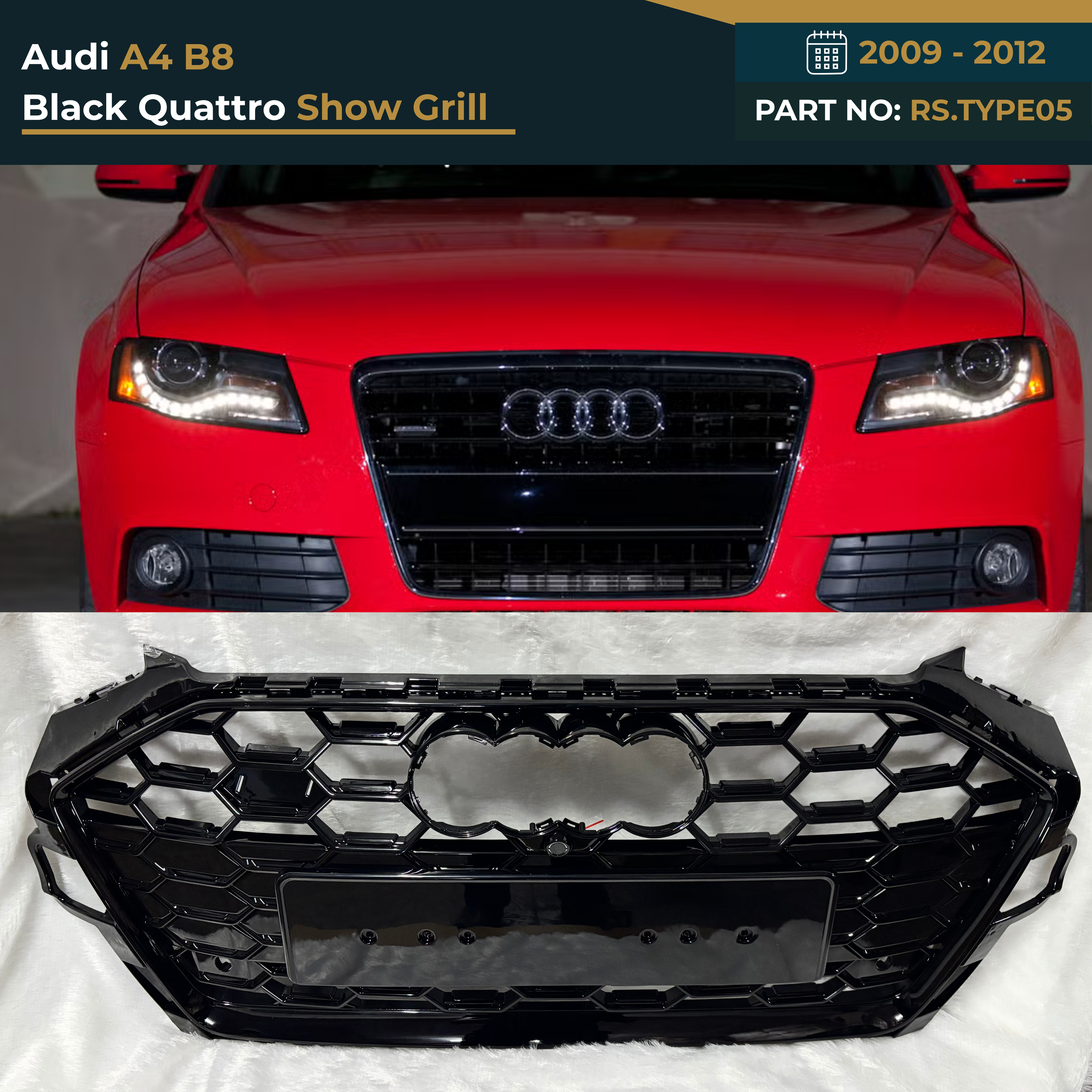 RS.TYPE05 Audi A4 B8 (2009–2012) Black Quattro RS Show Grille – OEM Fit Replacement