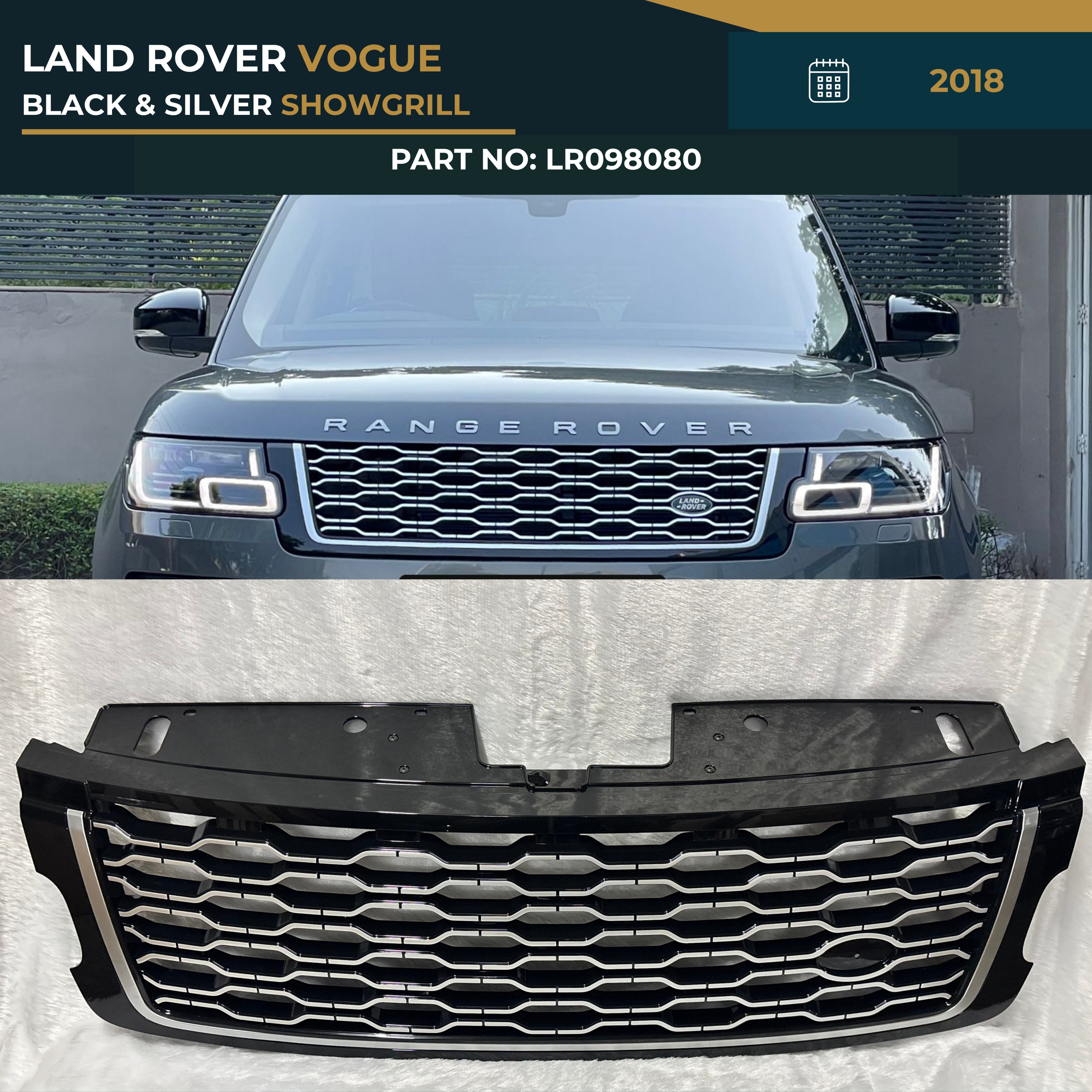 LR098080 LAND ROVER VOGUE (2018) BLACK & SILVER SHOWGRILL – OEM Fit Land Rover Front Show Grill