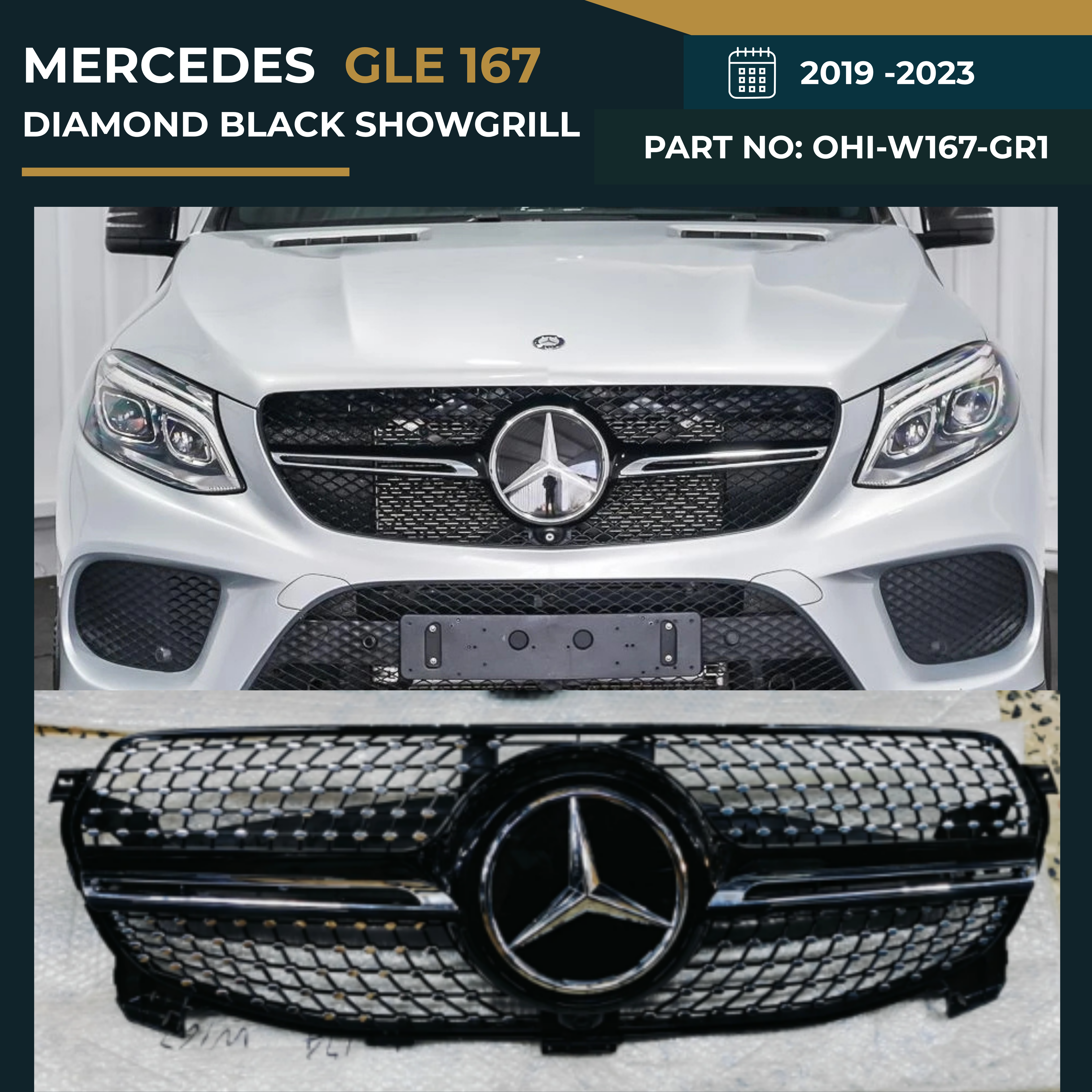 OHI-W167-GR1 MERCEDES GLE/167(19-23) DIAMOND BLACK SHOWGRILL – OEM Fit Mercedes Front Show Grille
