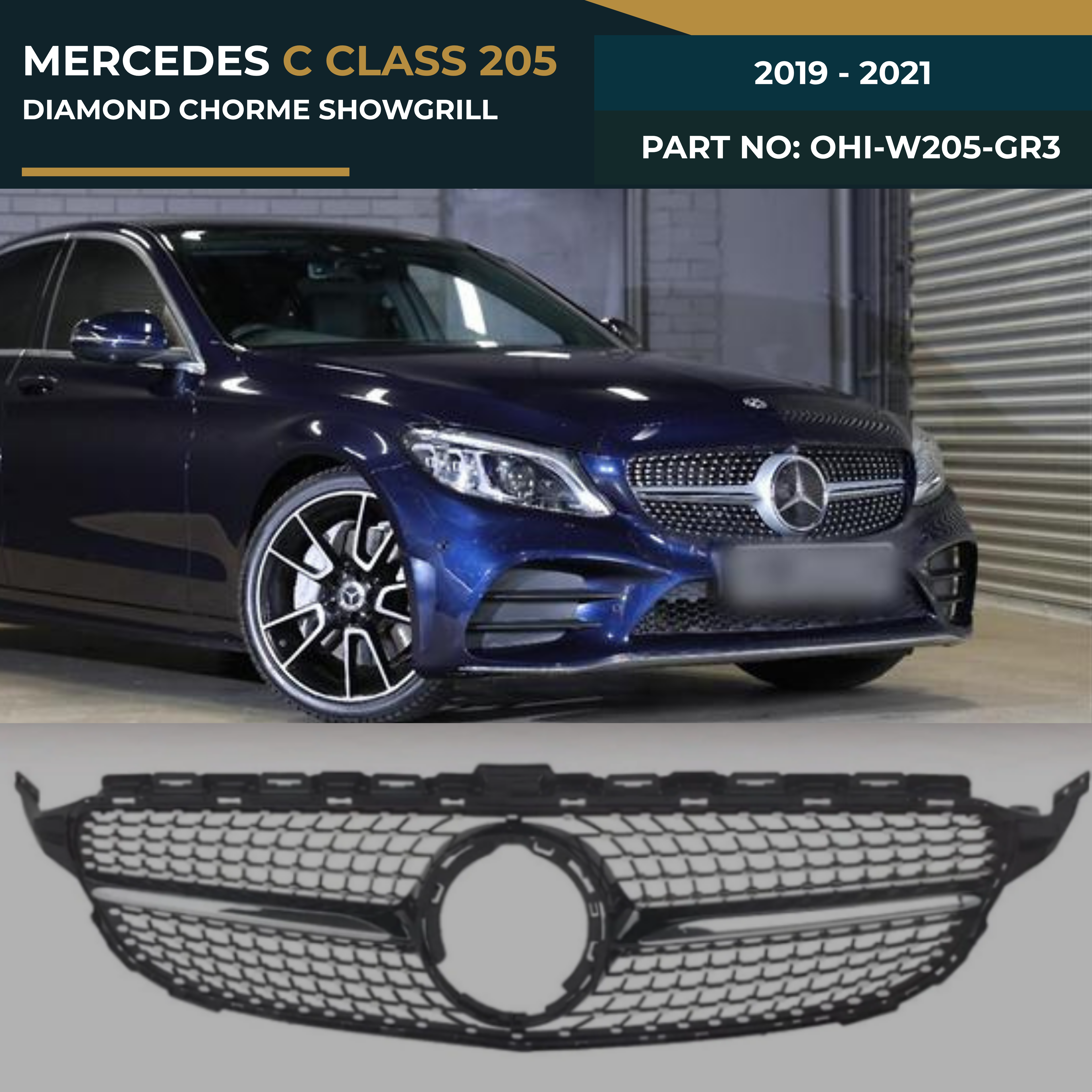 OHI-W205-GR3- MERCEDES C CLASS 205 (2019-2021) DIAMOND BLACK SHOWGRILL – OEM Fit Mercedes Front Show Grille