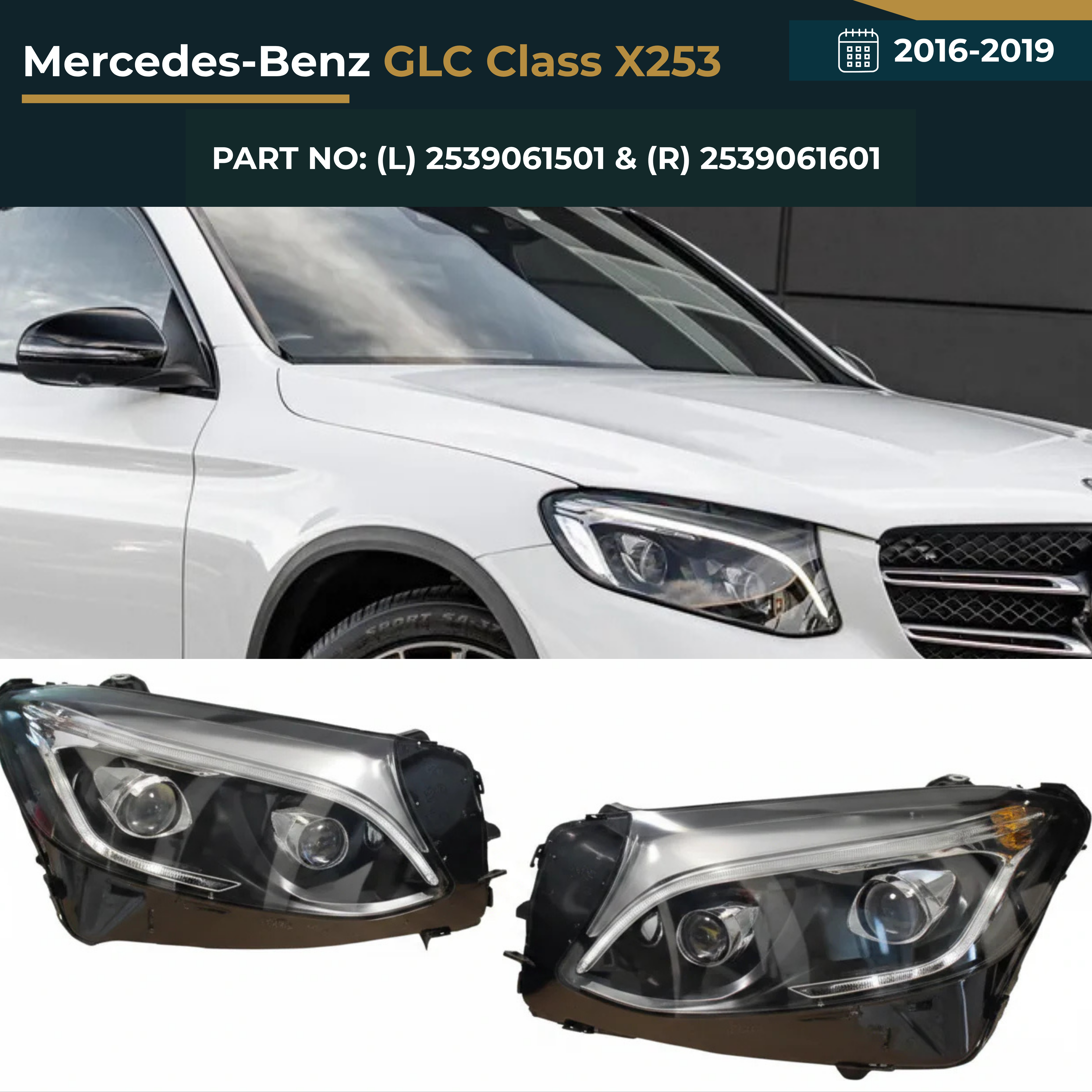 2539061501 & 2539061601 Mercedes-Benz GLC Class X253 (2016-2019) Double Projector Headlight Assembly Premium Replacement