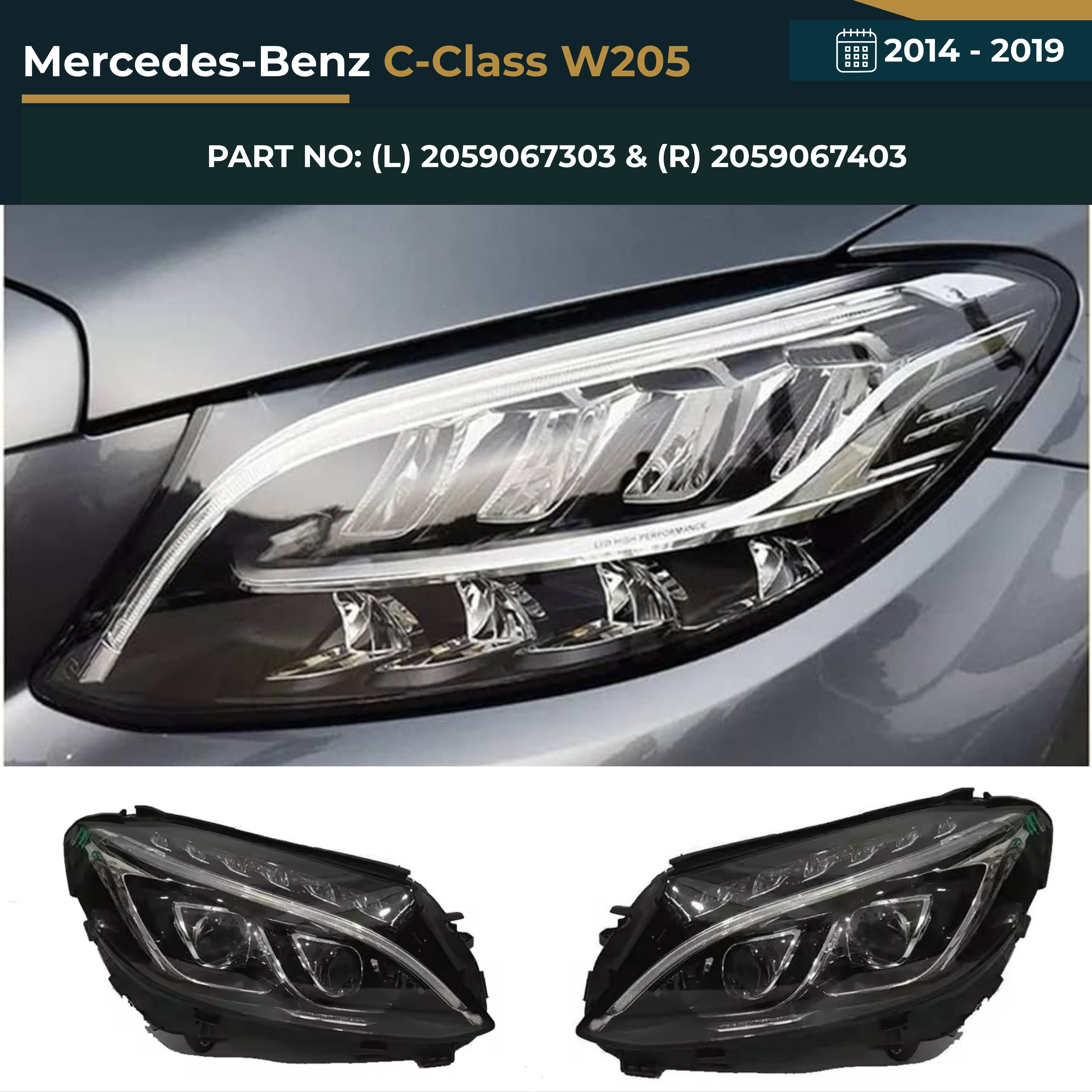2059067303 & 2059067403 Mercedes-Benz C-Class W205 (2014-2019) Headlight Assembly Premium Replacement