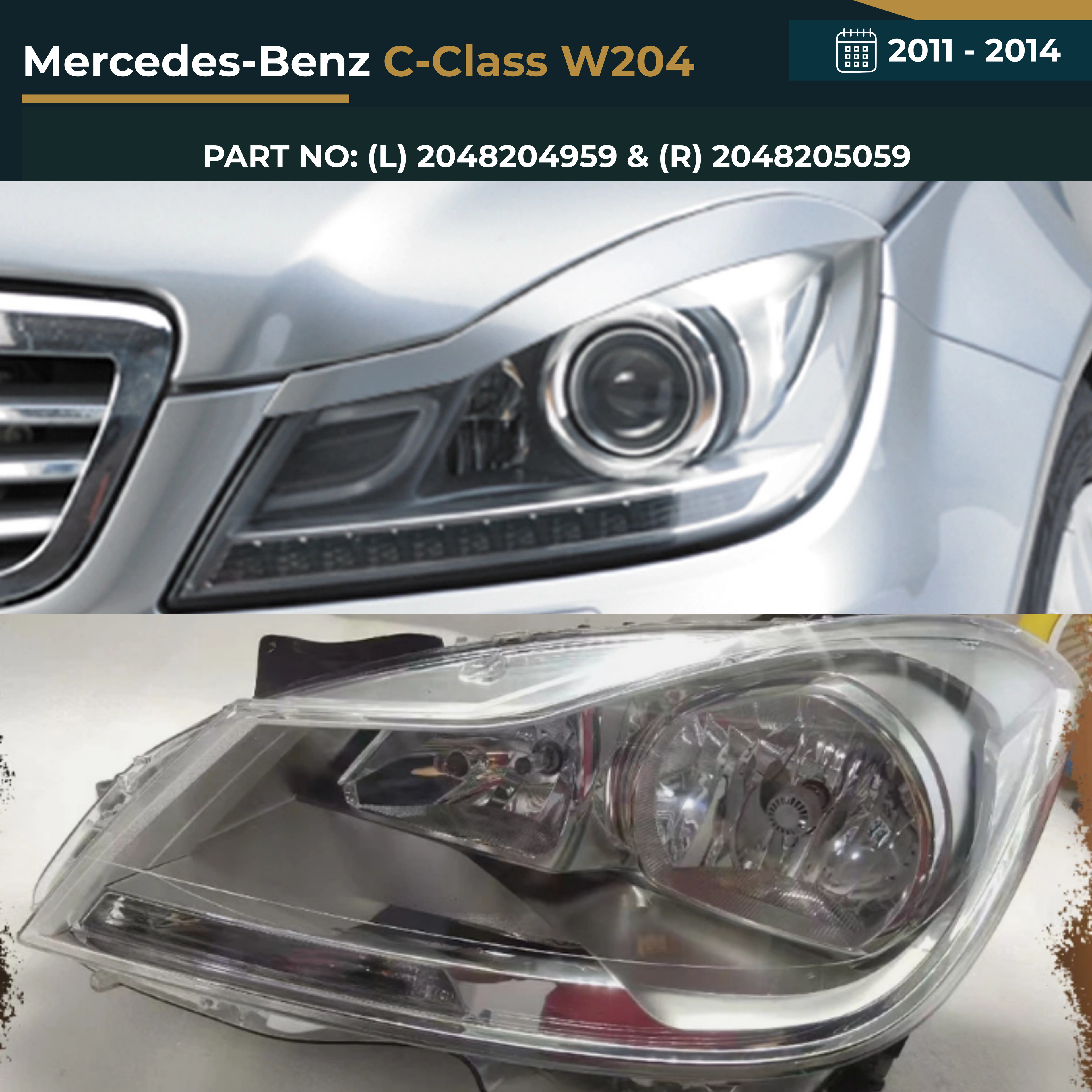 2048204959 & 2048205059 Mercedes-Benz C-Class W204 (2011-2014) Headlight Non-HID Assembly Premium Replacement