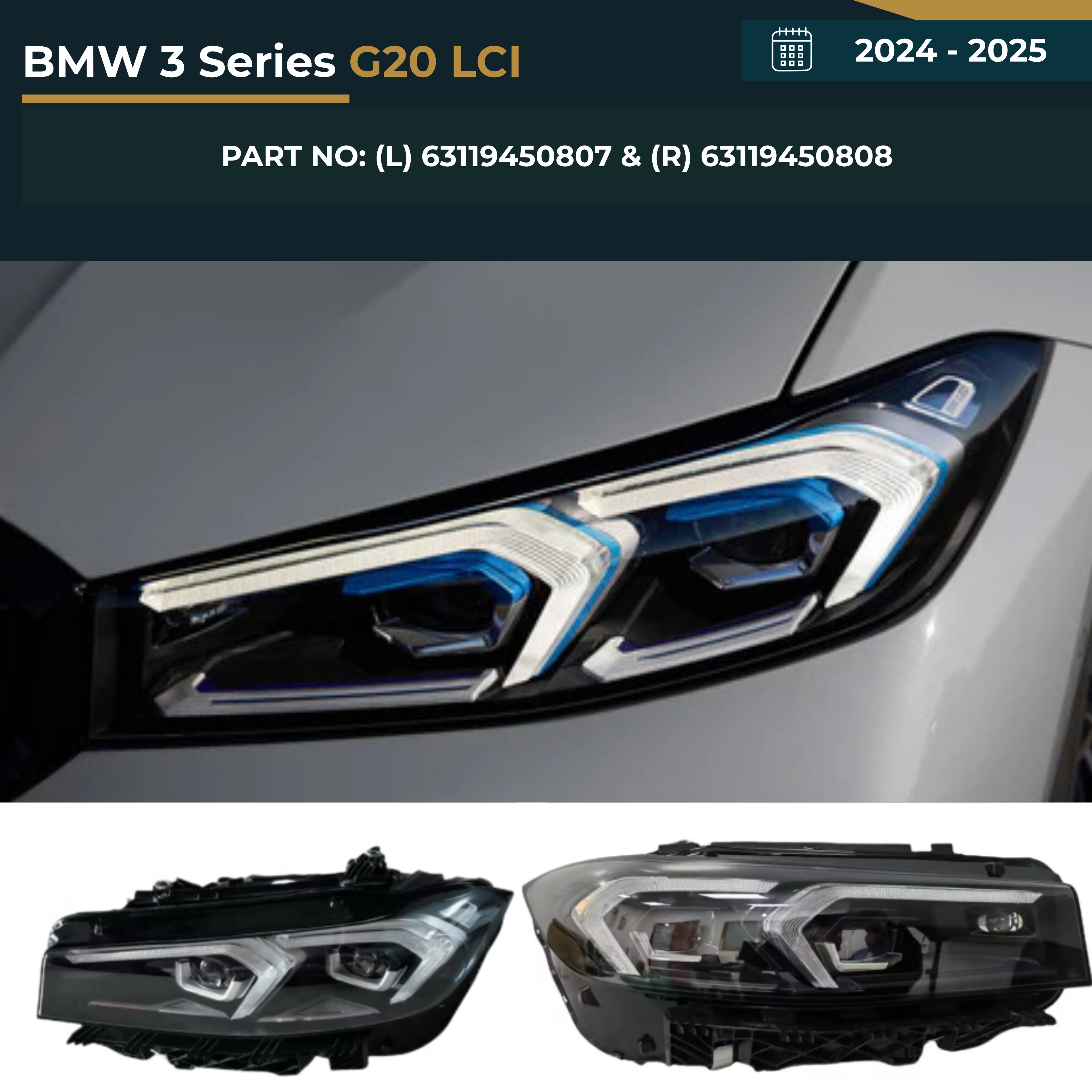 63119450807 & 63119450808 BMW 3 Series G20 LCI (2024-2025) LED Headlight Assembly Latest Model Replacement