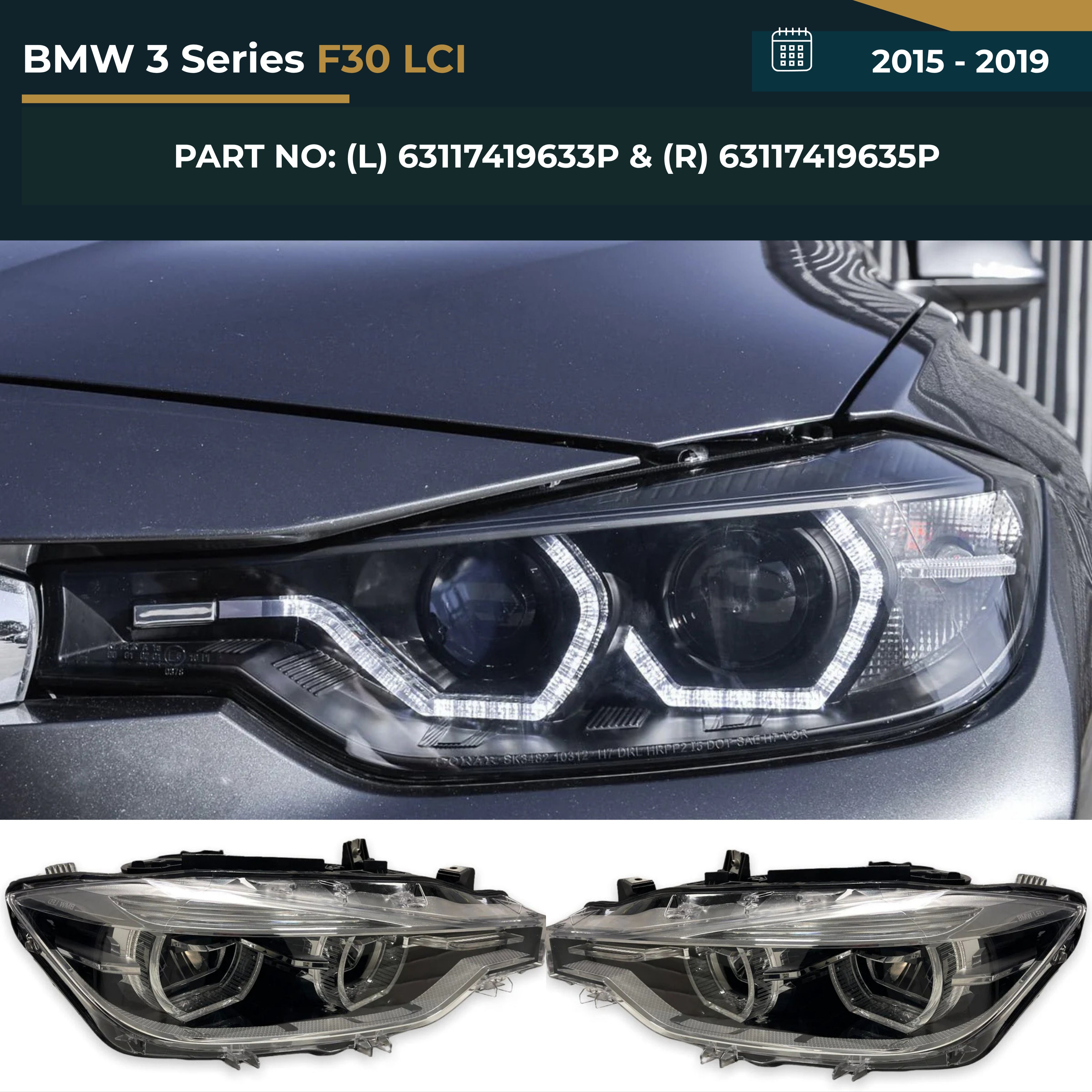 63117419633P & 63117419635P BMW 3 Series F30 LCI (2015-2019) LED Headlight Assembly Premium Replacement