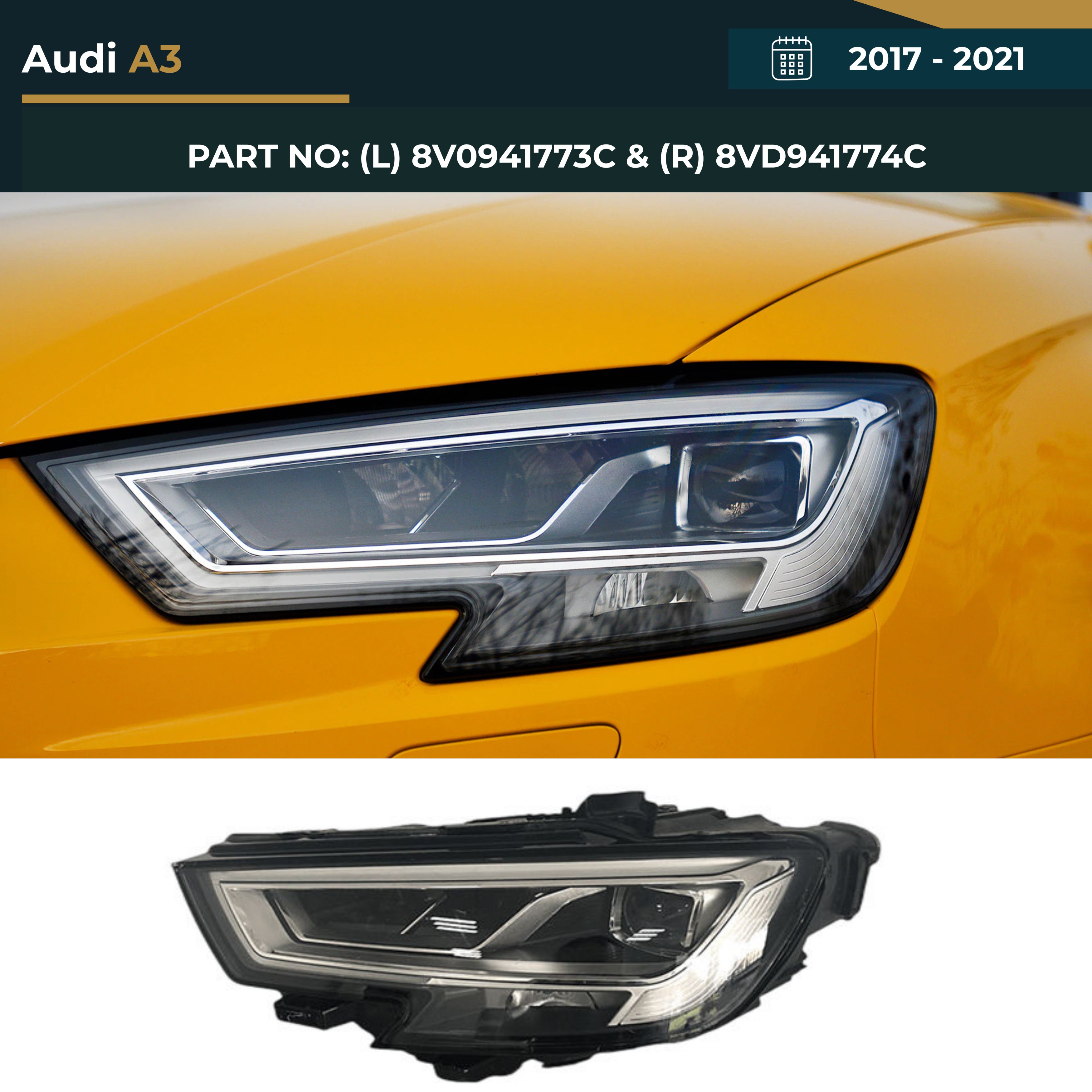8V0941773C & 8VD941774C Audi A3 (2017-2021) LED Headlight – OEM Fit Replacement