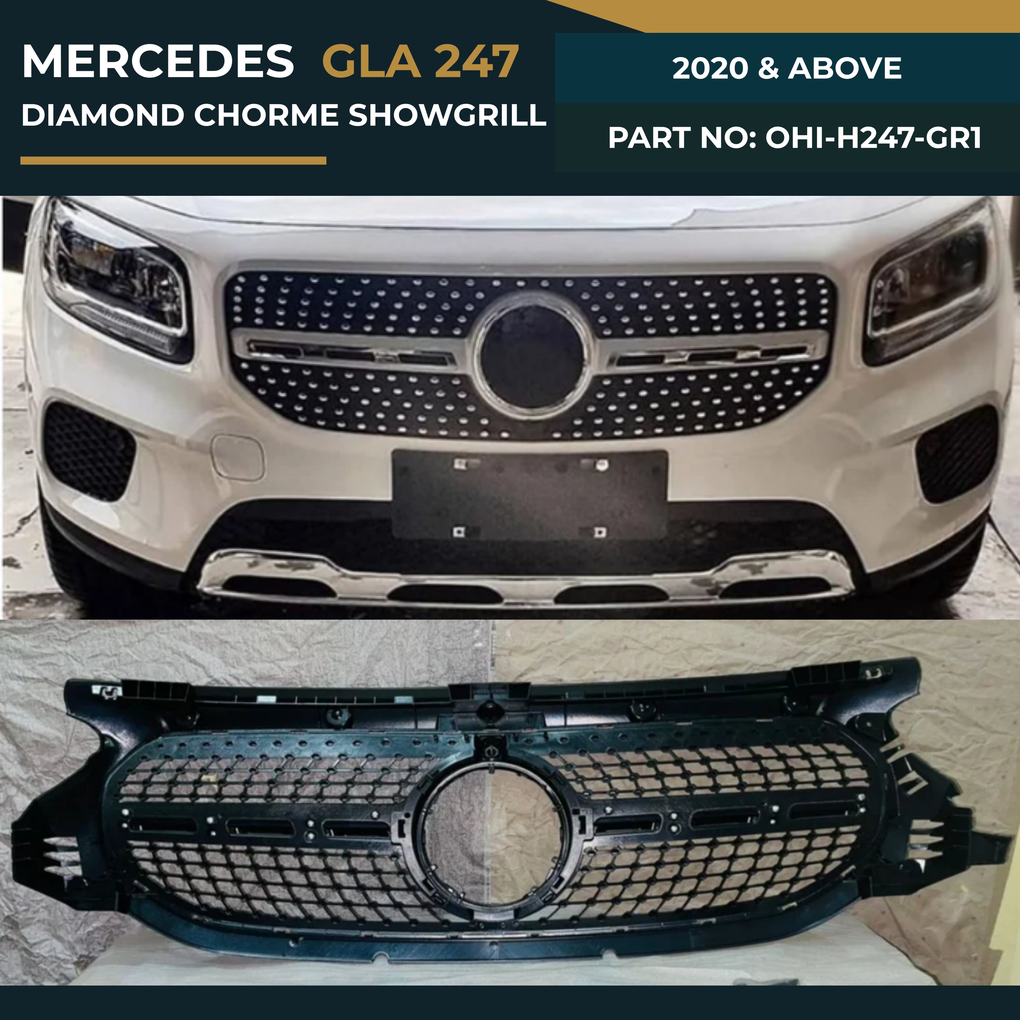 OHI-H247-GR1 MERCEDES GLA 247 (2020 & Above) DIAMOND CHORME SHOWGRILL – OEM Fit Mercedes Front Show Grille
