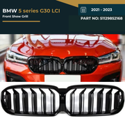 51129852168 BMW 5 SERIES G30LCI (2021-23) 2-LINE GLOSSY BLACK SHOWGRILL – OEM Fit BMW Front Show Grille