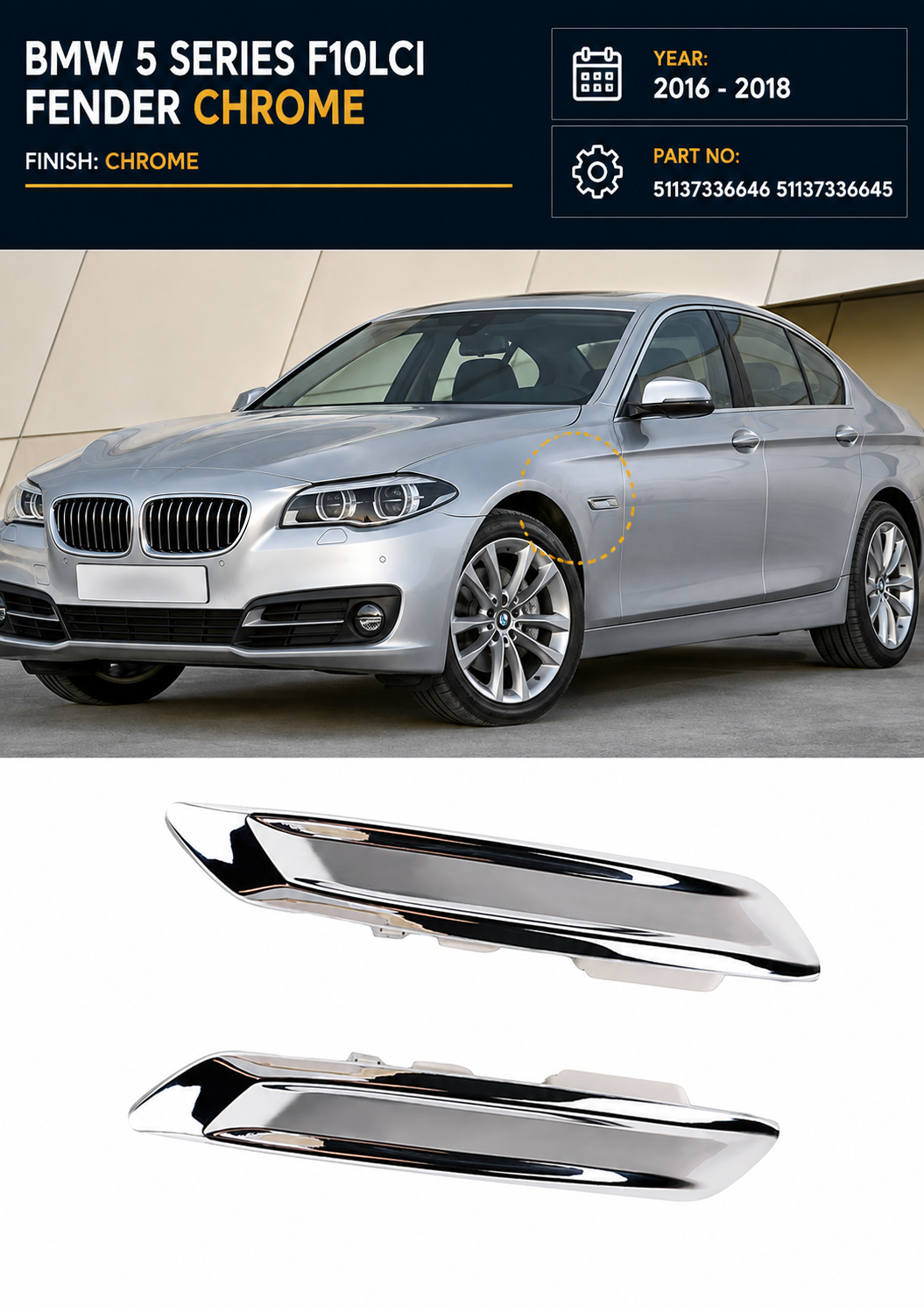 51137336646 51137336645 | BMW 5 Series F10LCI (2016-2018) Fender Chrome