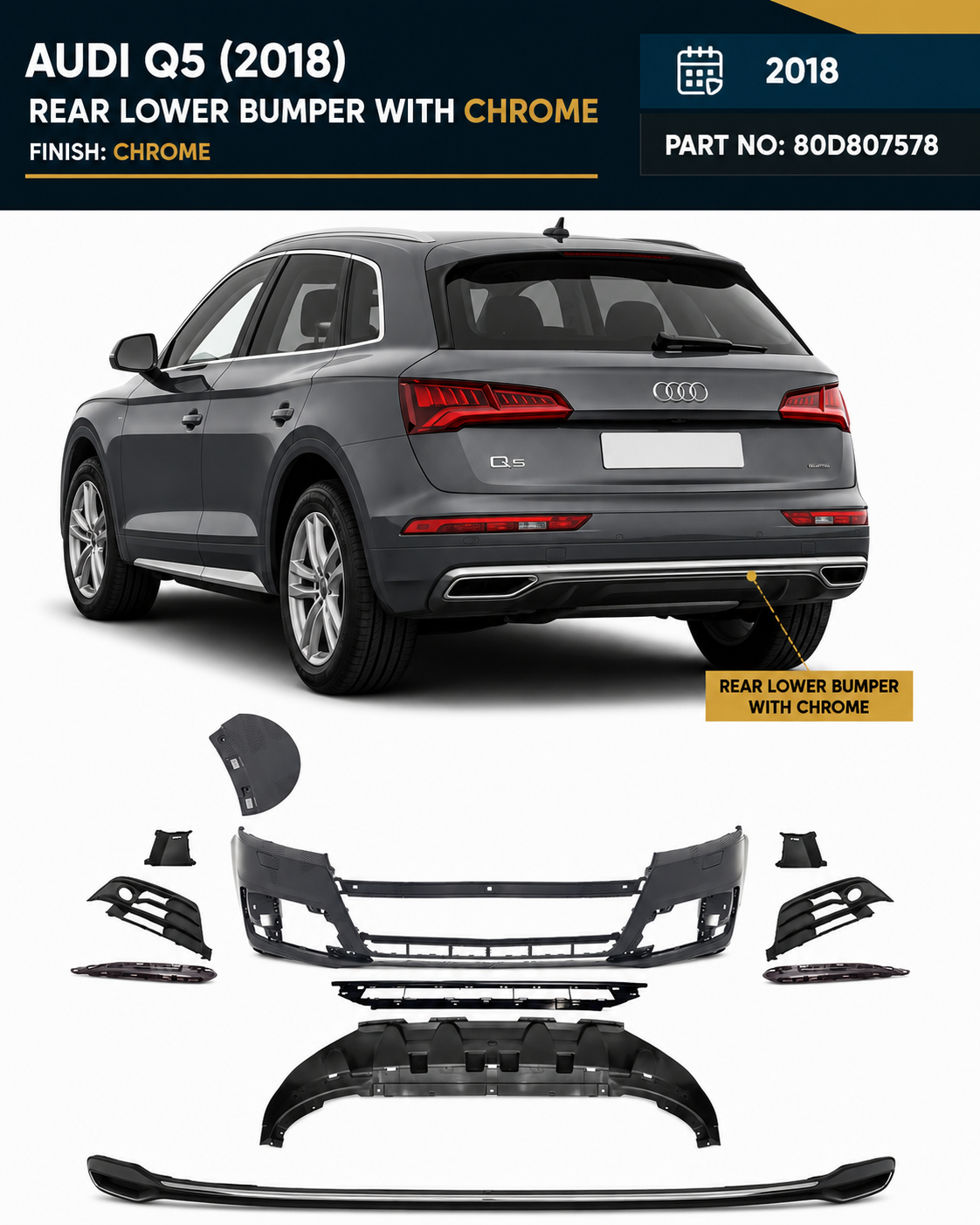 80D807578 | Audi Q5 (2018) Rear Lower Bumper With Chrome
