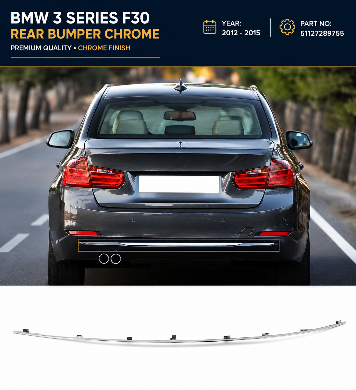 51127289755 | BMW 3 Series F30 (2012-2015) Rear Bumper Chrome